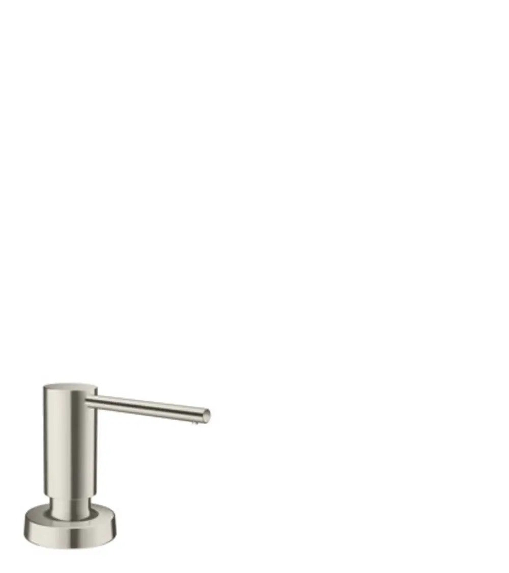 Edelstahl Spender von Hansgrohe, mit schlankem Arm und runder Basis, geeignet für Flüssigseife oder Lotion, auf weißem Hintergrund.